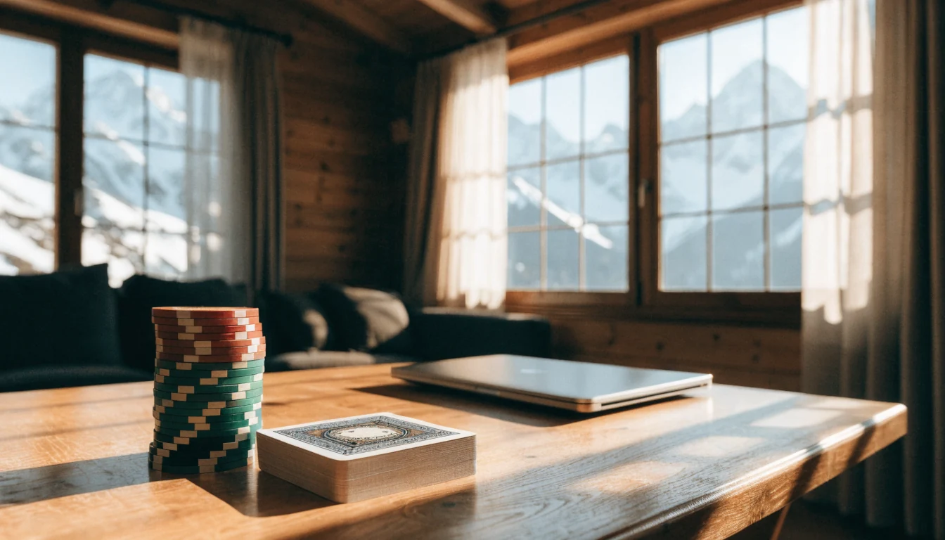 Schweizer Chalet mit Casinospielen, Chips und Karten, sonniger Ausblick