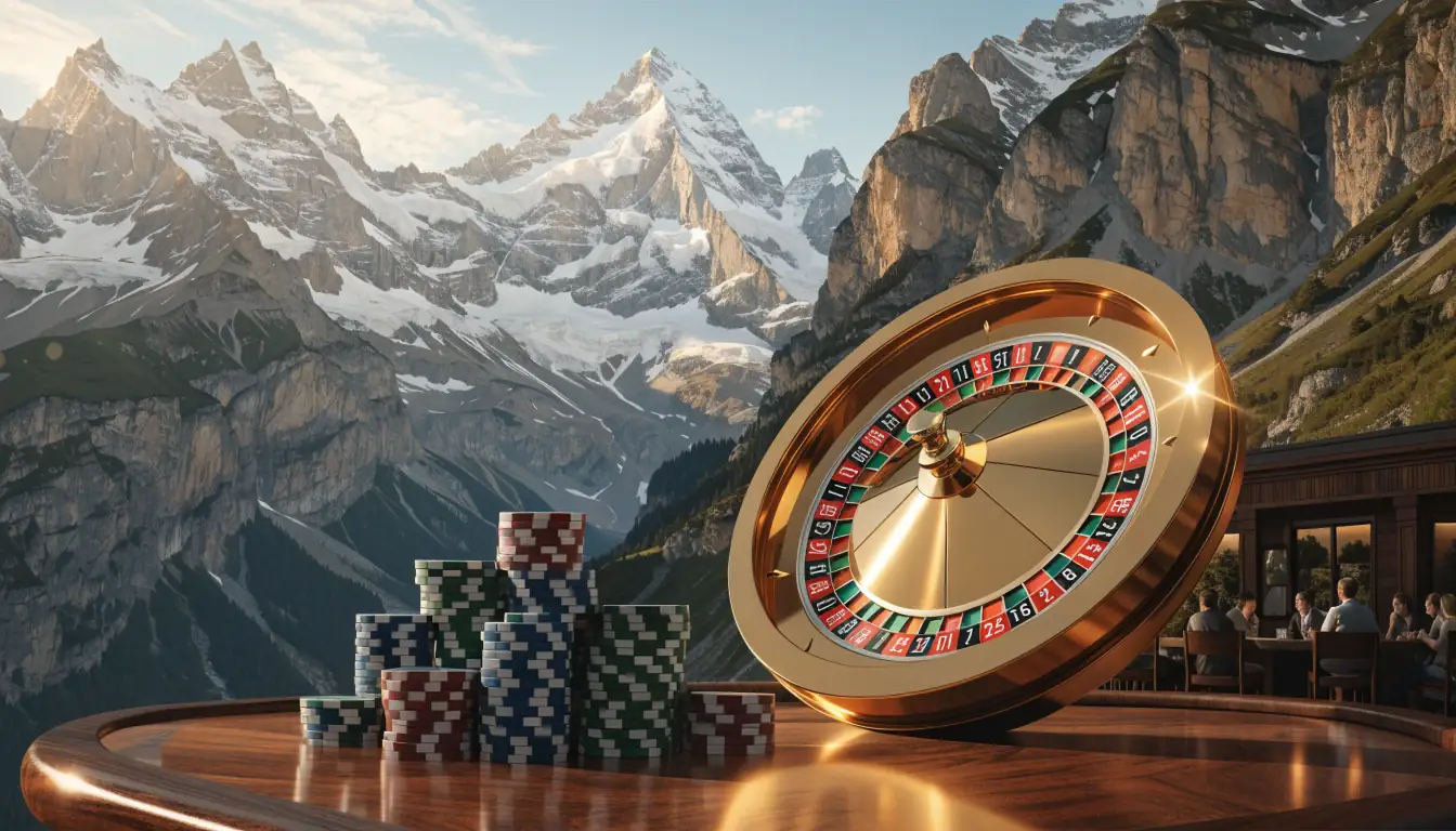 Schweizer Alpen mit Casinotisch, Chips und Roulette, sonniges Ambiente
