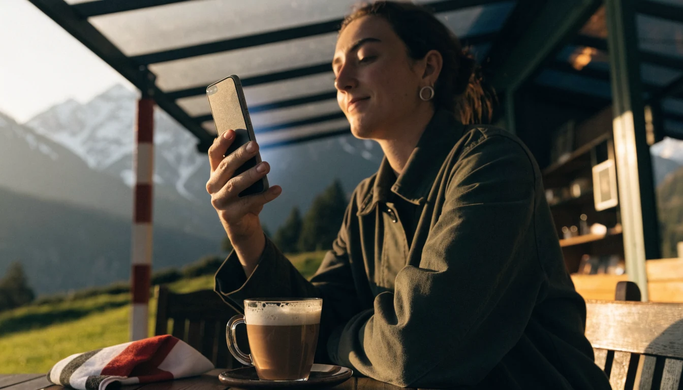 Junger Erwachsener in Schweizer Café mit Smartphone und Bergblick