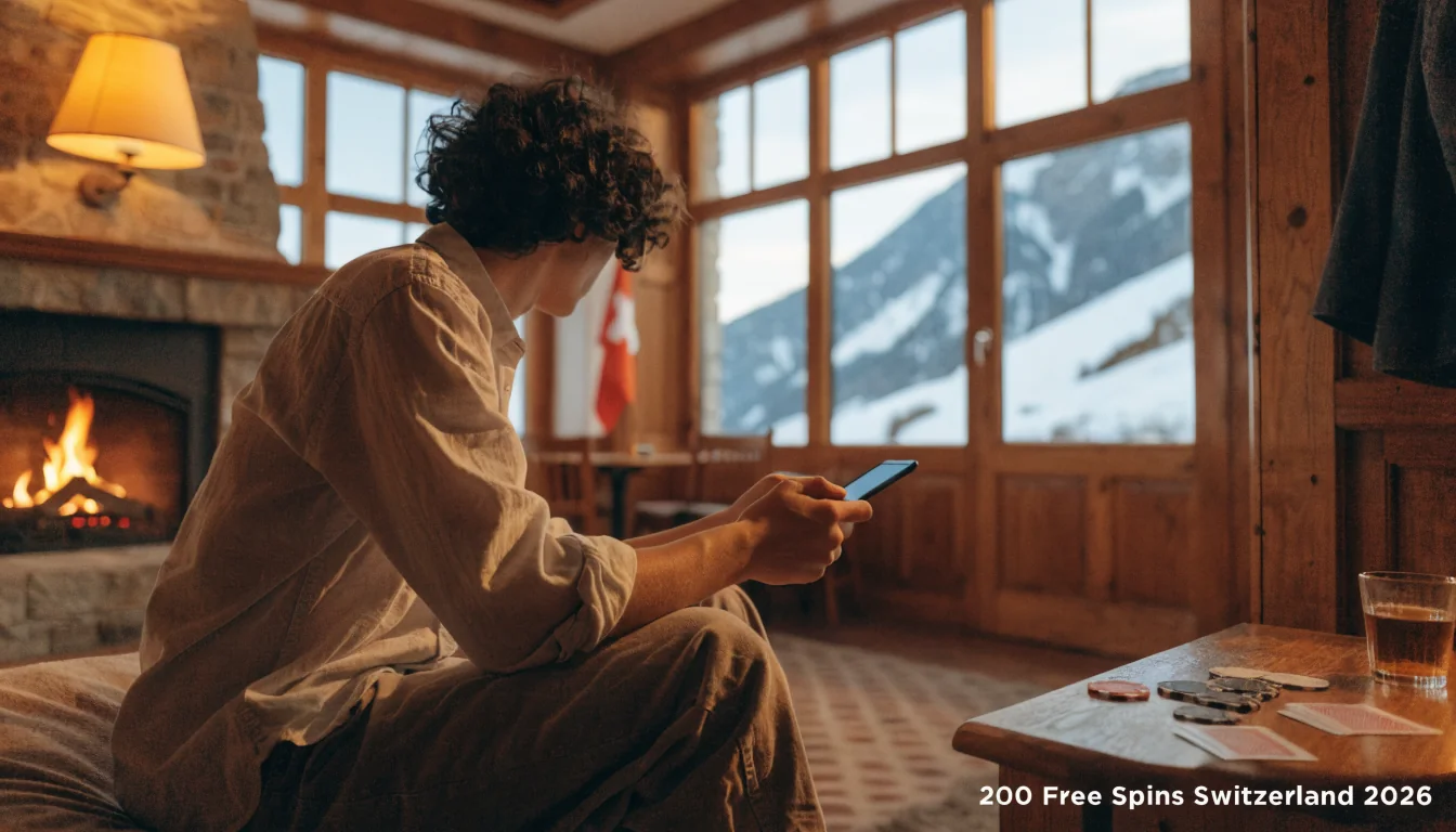 Gemütlicher Schweizer Alpen-Loungebereich mit Spielchips und Mobiltelefon.