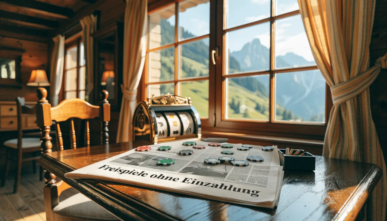 Ein Schweizer Chalet mit Casino-Chips und einem versteckten Slot‑Machine.