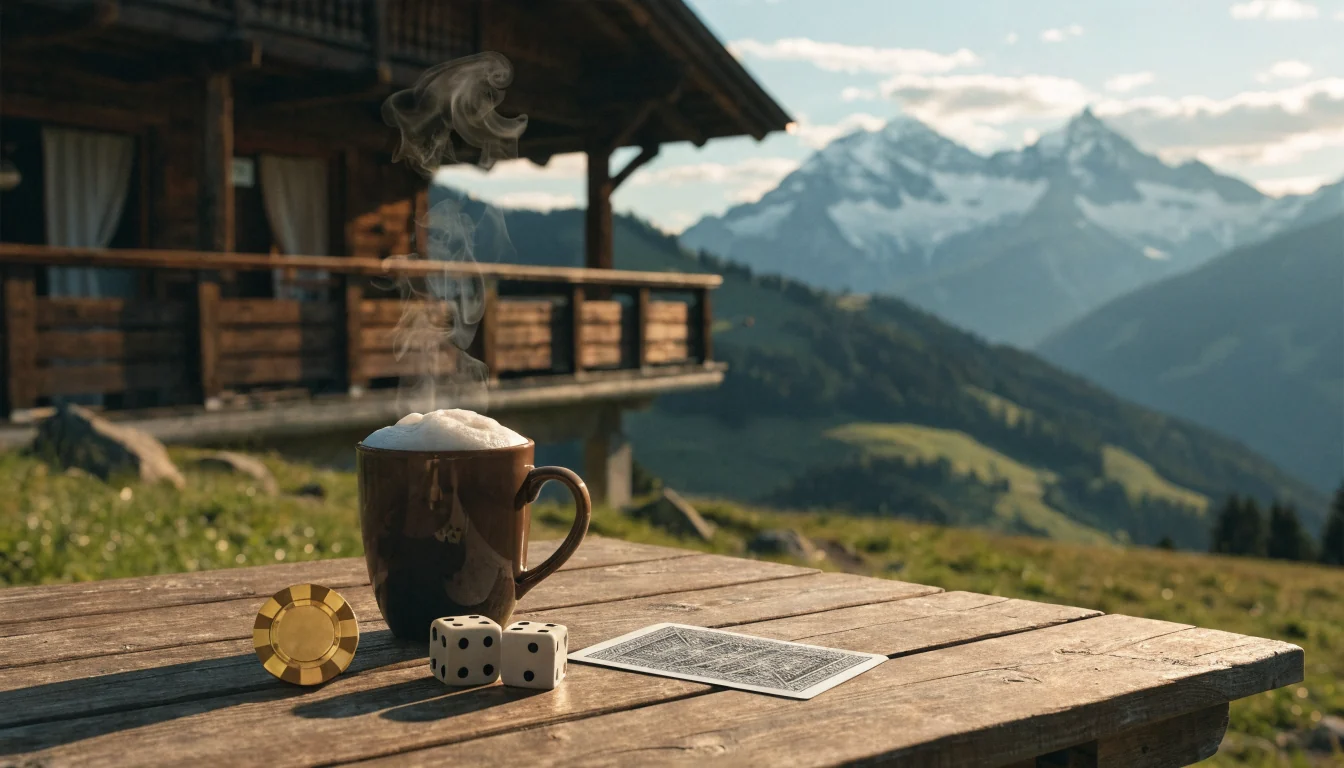 Schweizer Alpen-Chalet mit Roulette‑Chip und Würfeln
