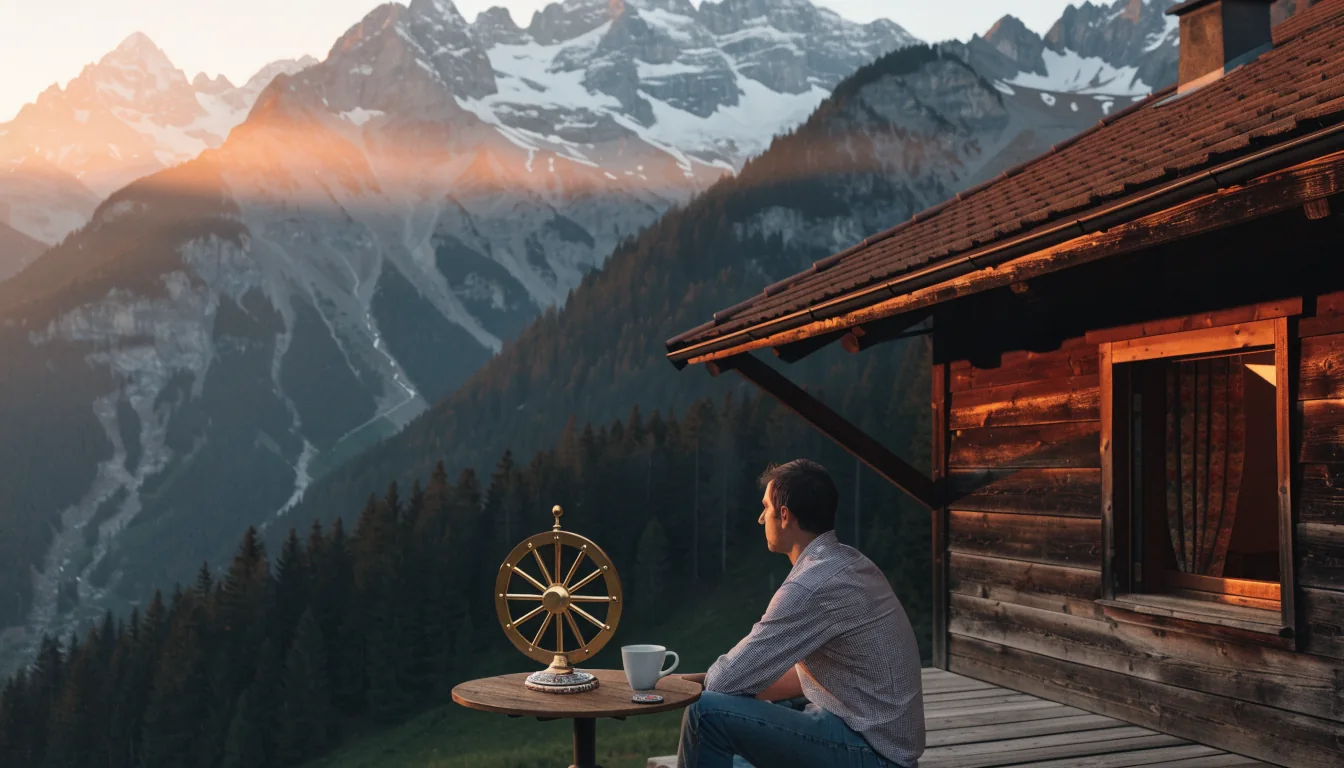 Alpines Chalet mit Casino-Chip und Spin-Rad bei Sonnenaufgang