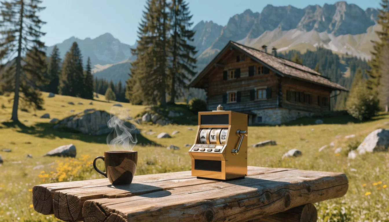 Sonniges Schweizer Alpenwiesenbild mit Chalet und Slot‑Maschine.