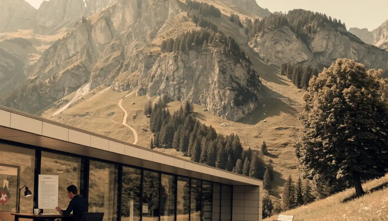 Alpines Landschaft mit modernem Büro und legalen Dokumenten in der Schweiz