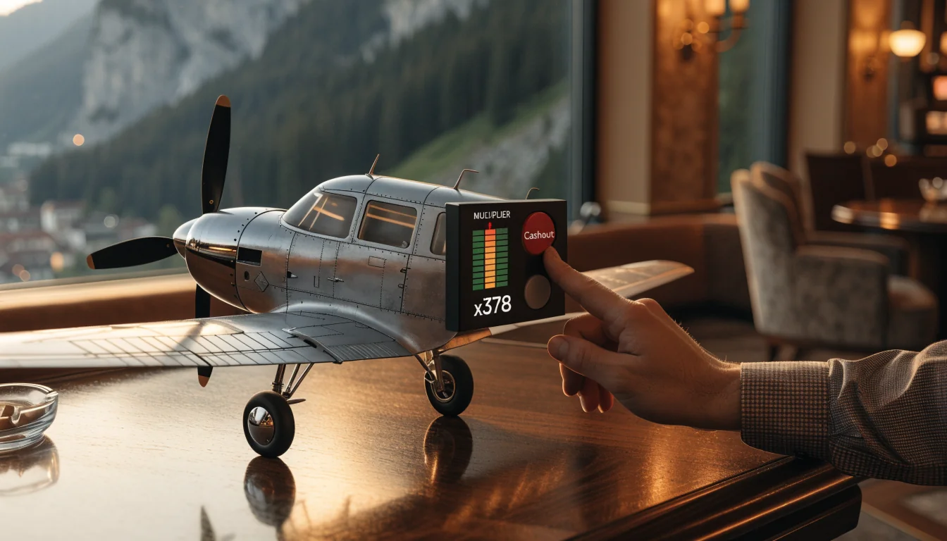 Schweizer Casino mit Alpenblick, Flugzeugmodell und Cashout‑Knopf