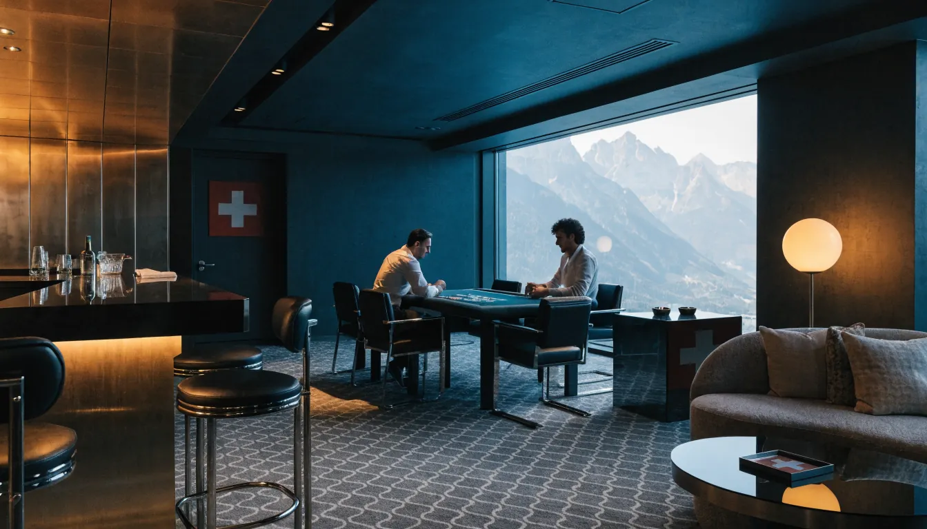 Modernes Schweizer Casino mit Chips, Karten und Alpenblick