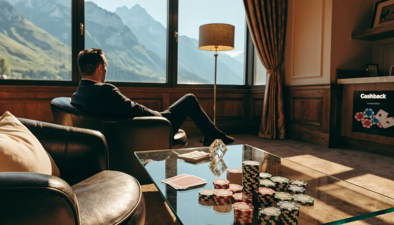 Elegantes Casino‑Interieur mit Alpenblick und Cashback‑Thema