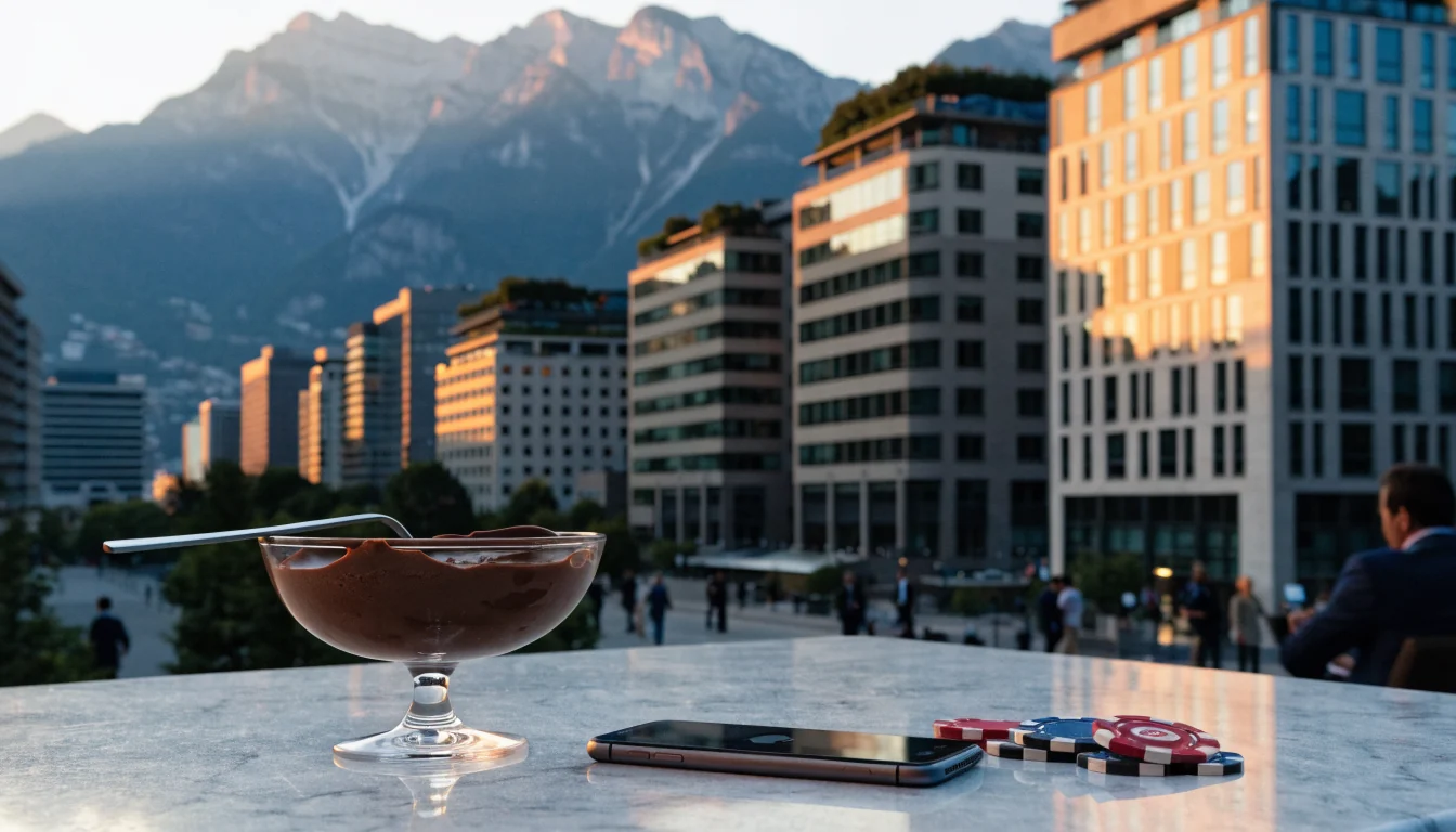 Smartphone mit Apple Pay neben Pokerchips und Schokolade