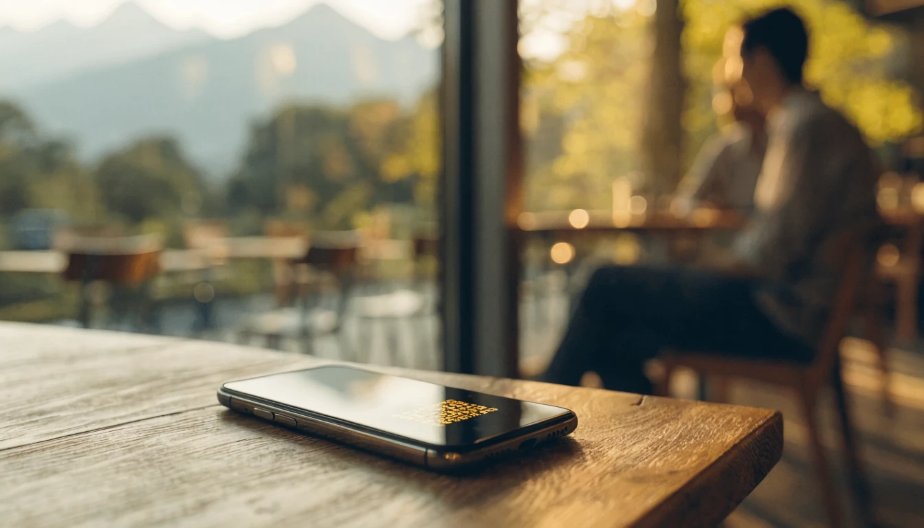 Smartphone mit leuchtendem Cashcode auf Café-Tisch in Zürich