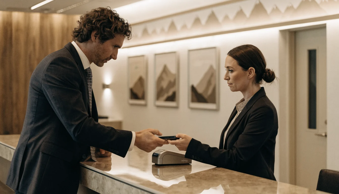 Realistisches Foto einer Schweizer Casinokasse mit MiFinity‑Terminal.