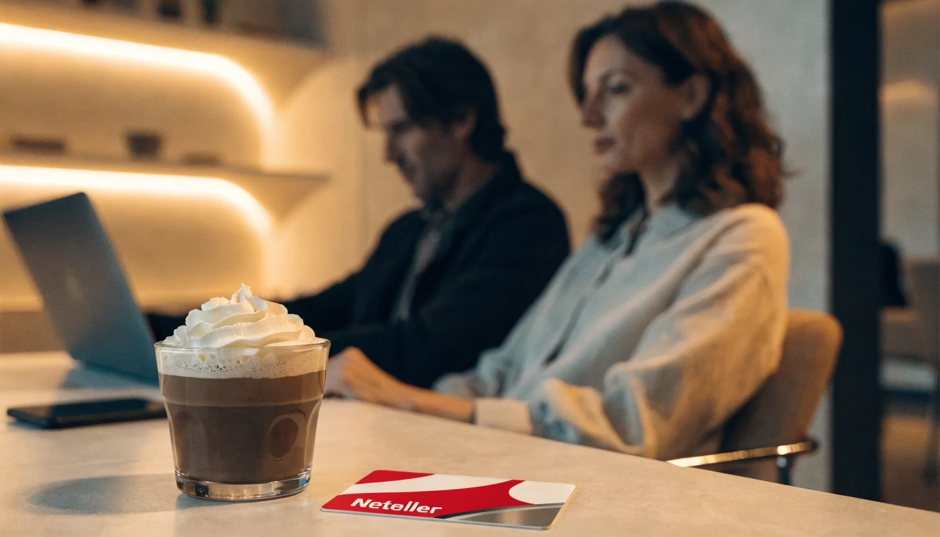 Entspannte Szene in einem Schweizer Café mit Laptop, Smartphone und Neteller‑Karte.