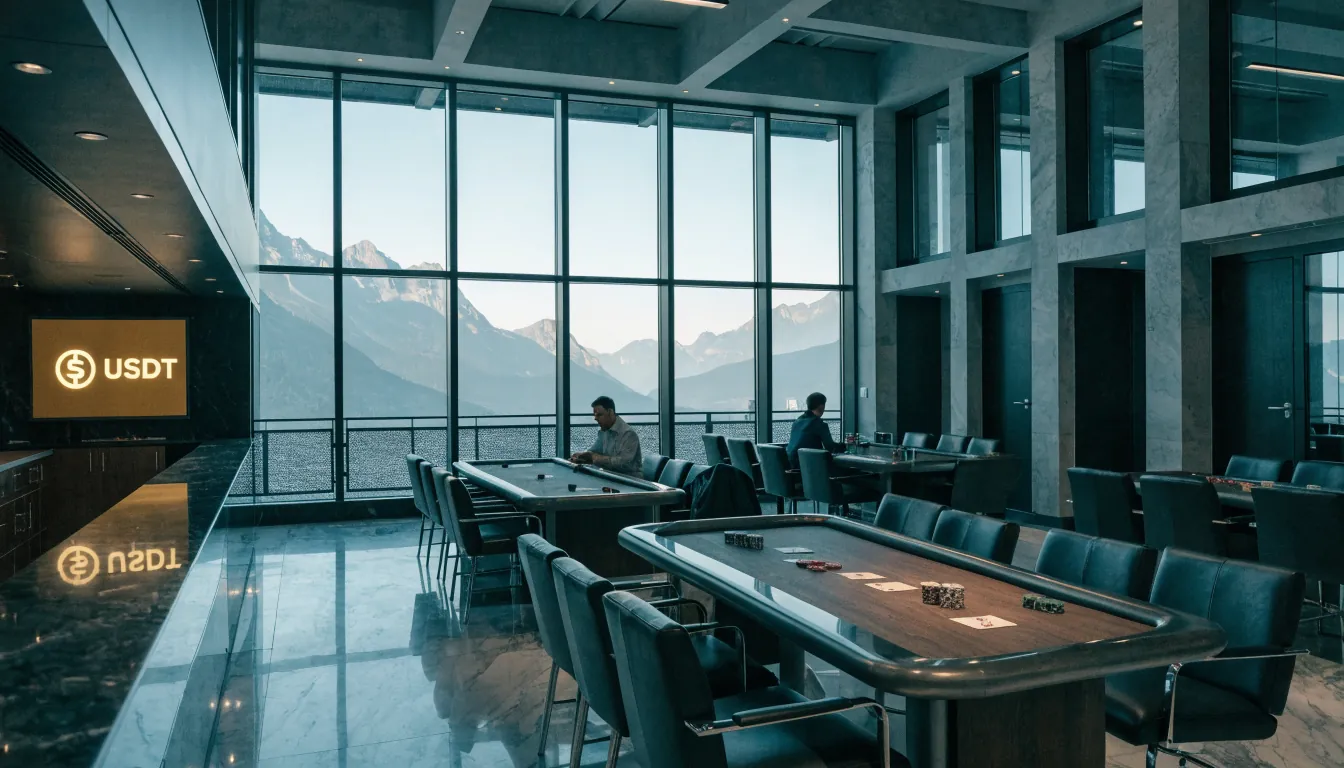 Modernes Schweizer Casino mit Alpenblick, USDT‑Anzeige und eleganten Spieltischen.