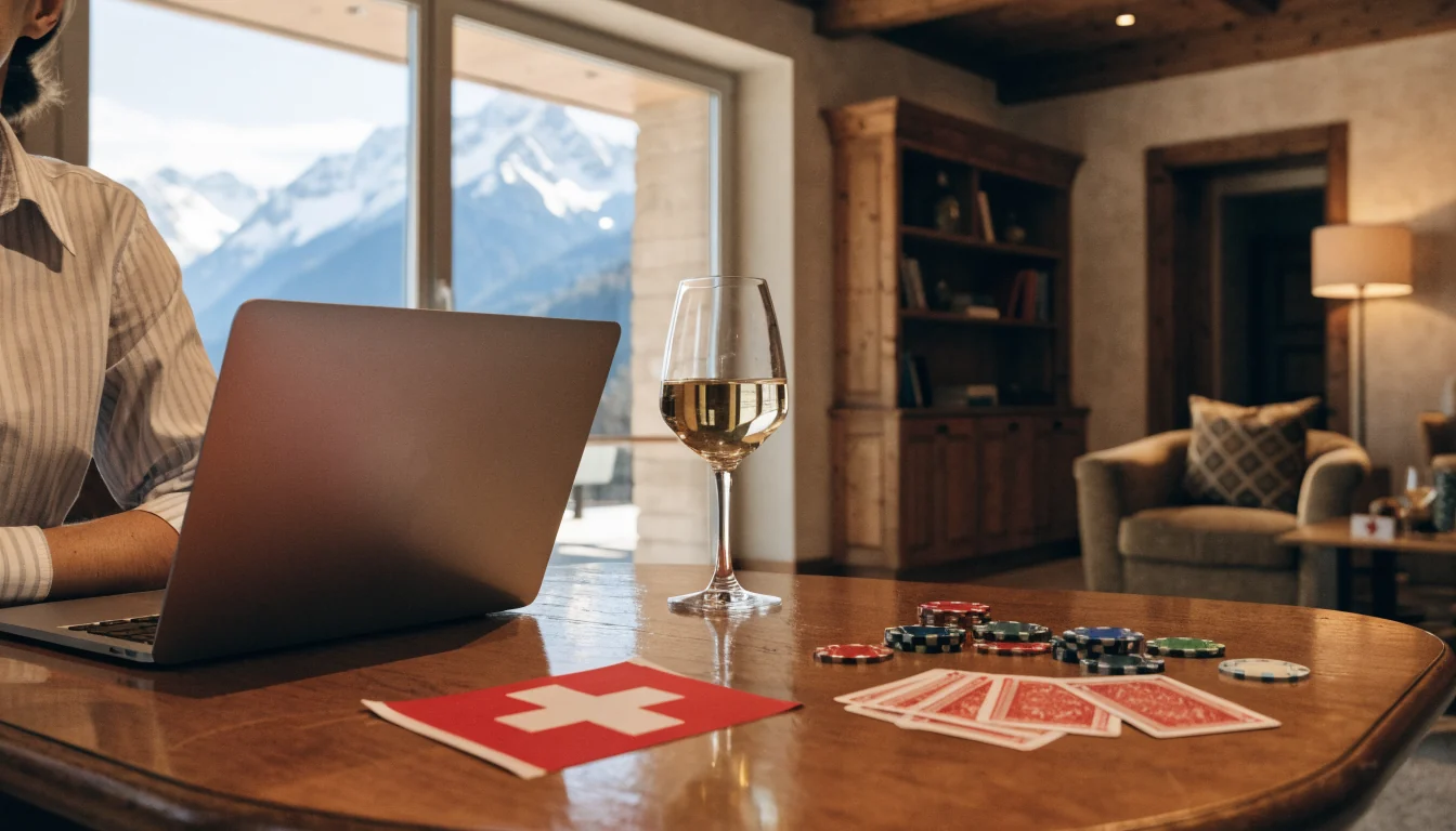 Modernes Schweizer Chalet‑Interieur mit Laptop, Chips und Flagge