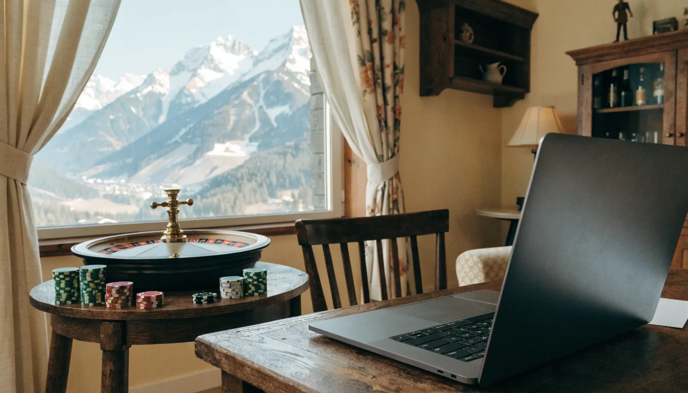 Schweizer Chalet mit Laptop, Chips und Roulette, keine Marken