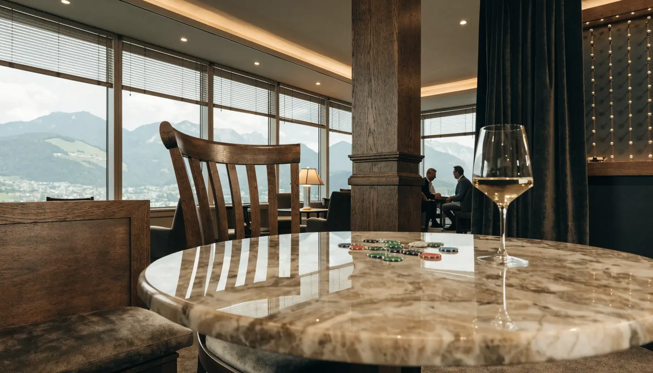 Schweizer Casino Lounge mit Holzmöbeln, warmem Licht und Alpenblick