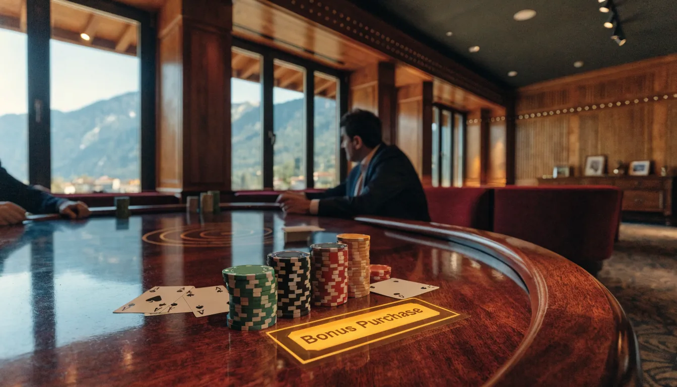 Luxuriöser Schweizer Casinosaal mit Alpinhintergrund und Bonus‑Kauf‑Ticket