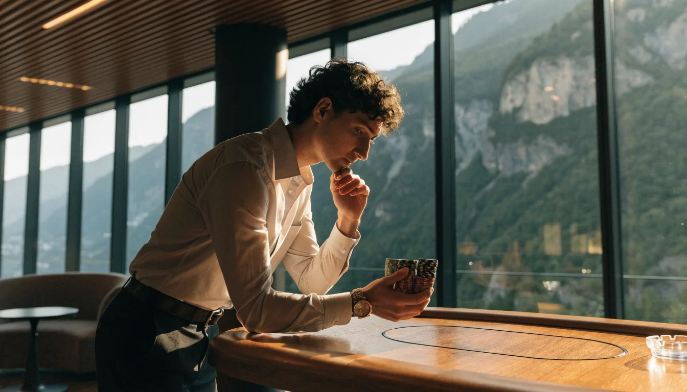 Elegant Swiss casino interior mit Alpenblick und Spielchips