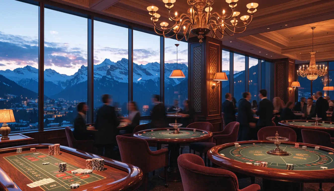 Luxuriöses Schweizer Casino bei Dämmerlicht mit Alpenblick