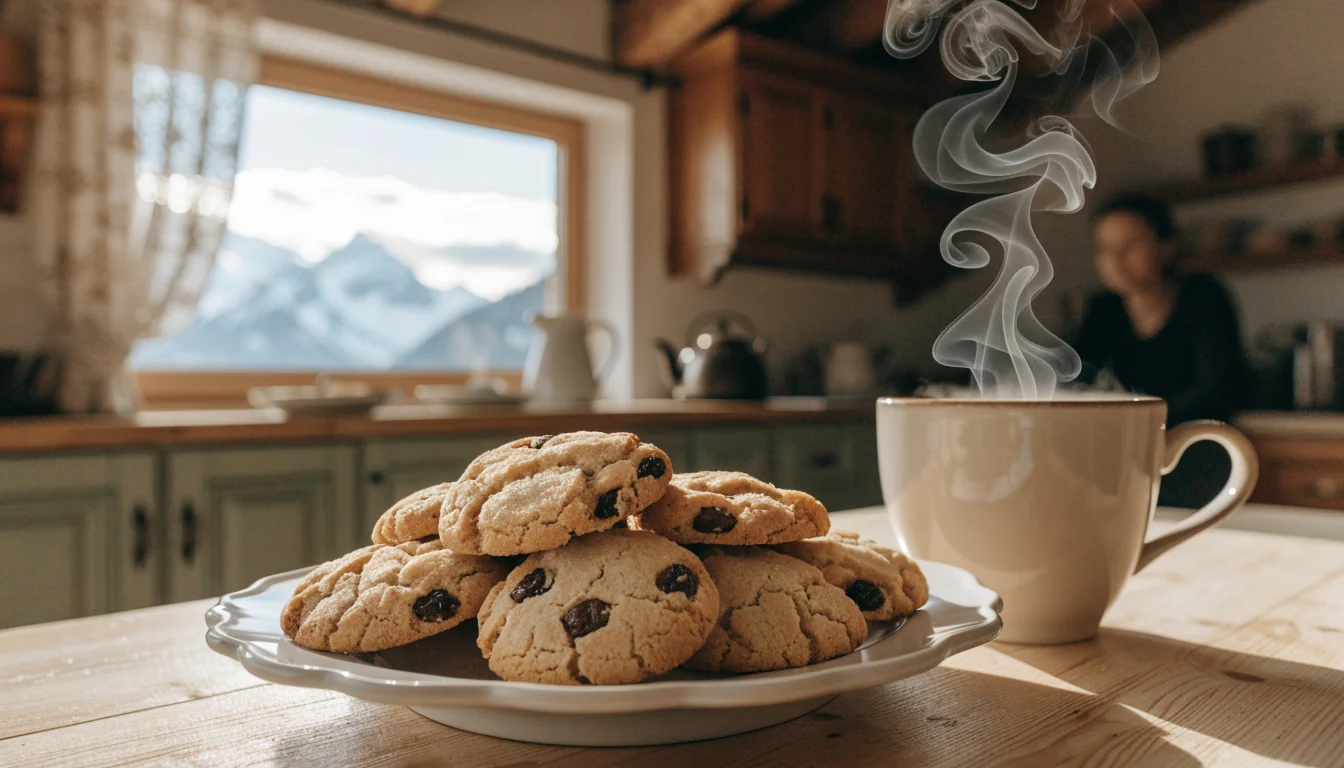 Schweizer Küche mit frischen Keksen und Bergblick