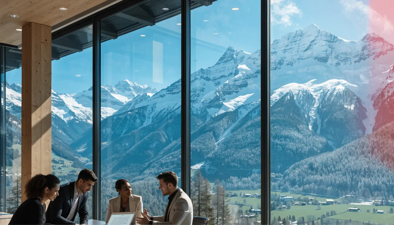 Schweizer Alpenlandschaft mit modernem Büro und Datenschutz‑Meeting