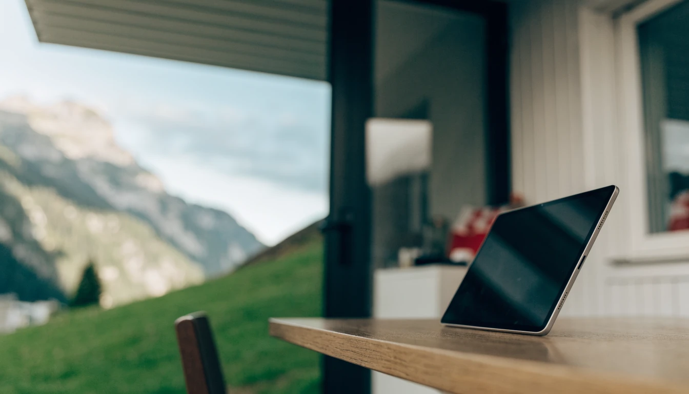 Schweizer Alpenlandschaft mit neutralem Tablet auf Holz