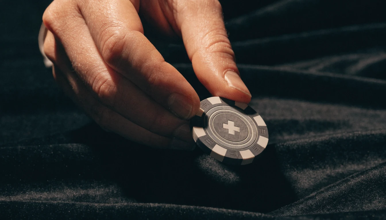 Hand hält Casino‑Chip mit Schweizerem Emblem