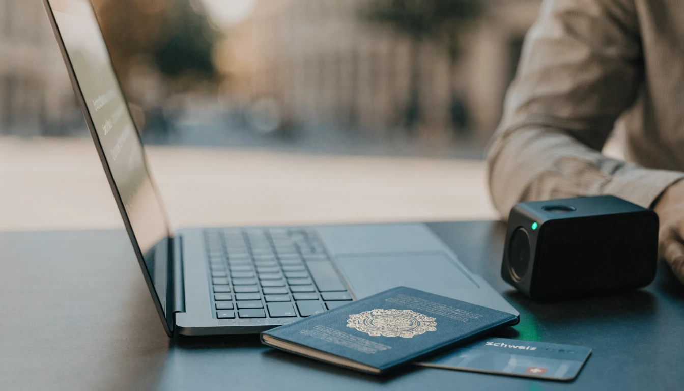 Pass und Ausweis neben Laptop für Identitätsprüfung