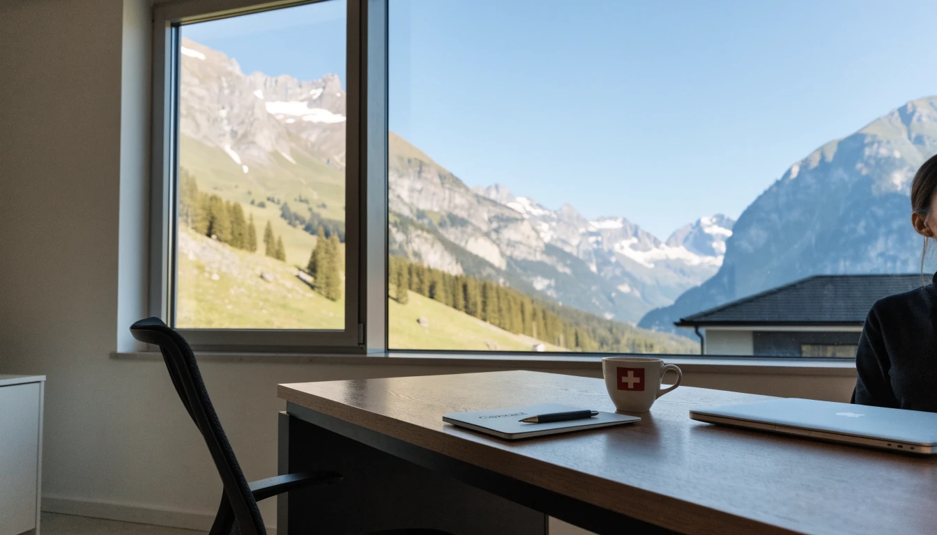 Realistisches Bild eines Schweizer Büros mit Alpenblick