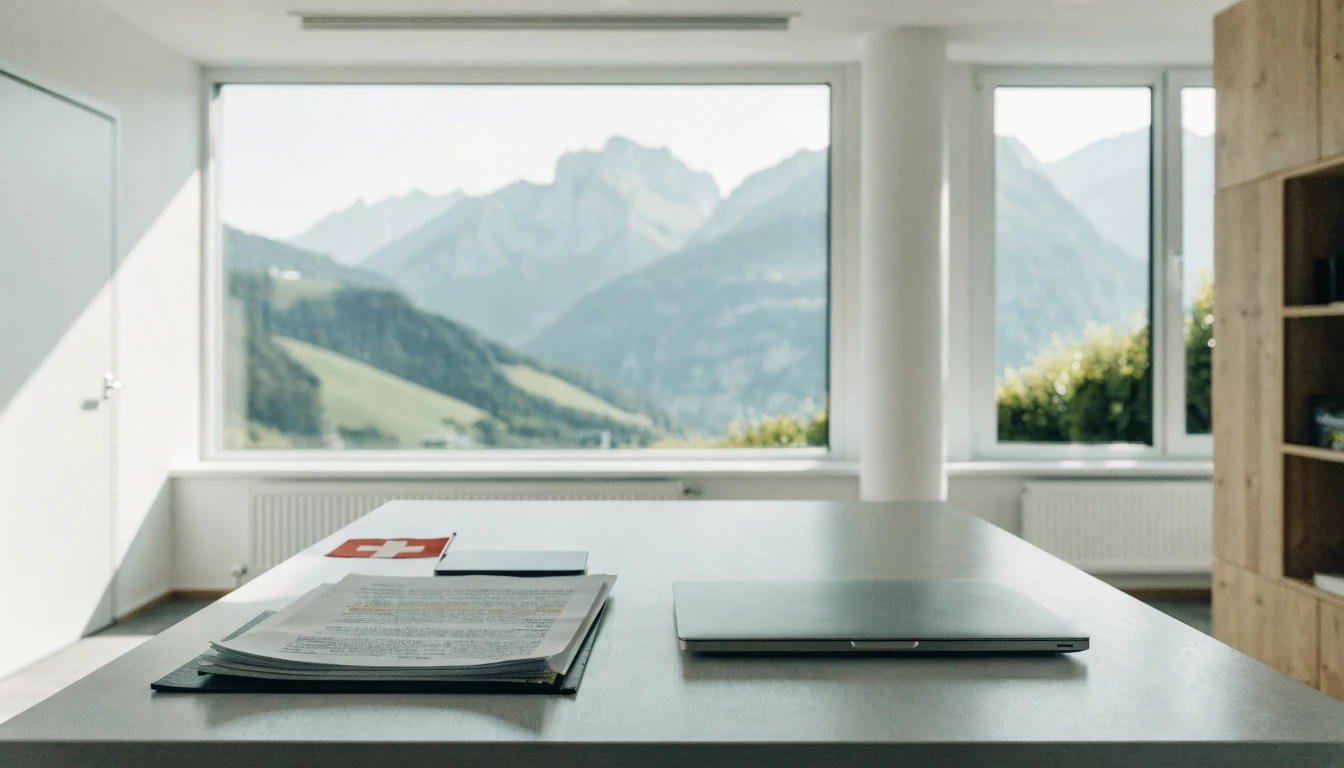 Professionelles Schweizer Büro mit geschlossenem Laptop und Alpenhintergrund