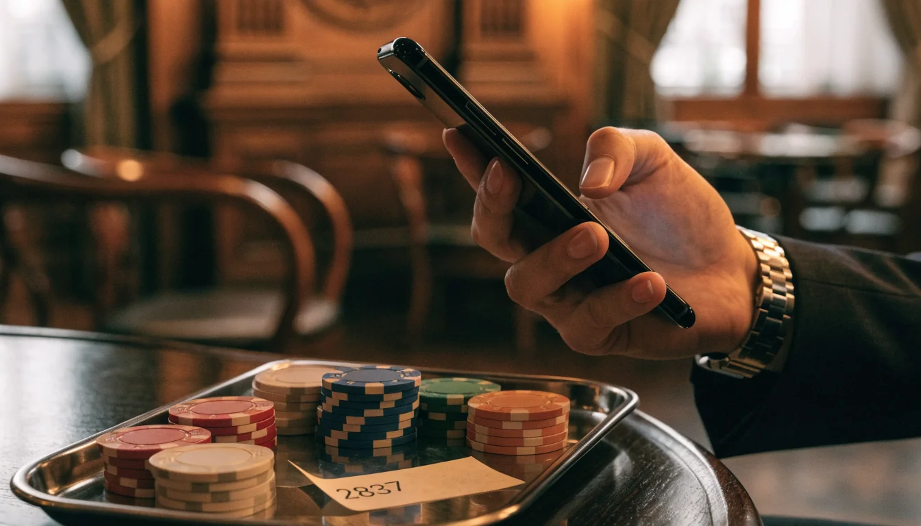 Schweizer Casino‑Loungeszene mit Chip‑ und Gutschein-Detail
