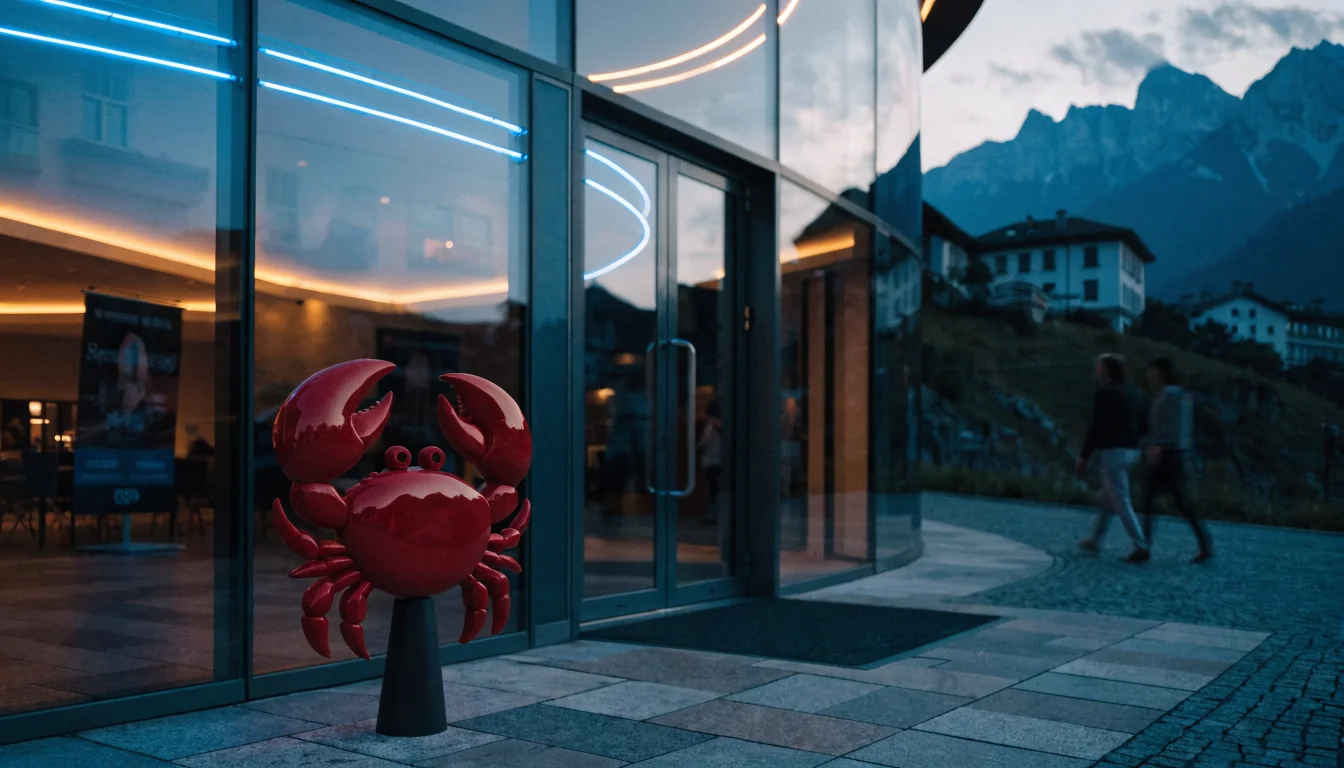 Elegantes Schweizer Casino-Eingang mit rotem Krebs-Design bei Dämmerlicht