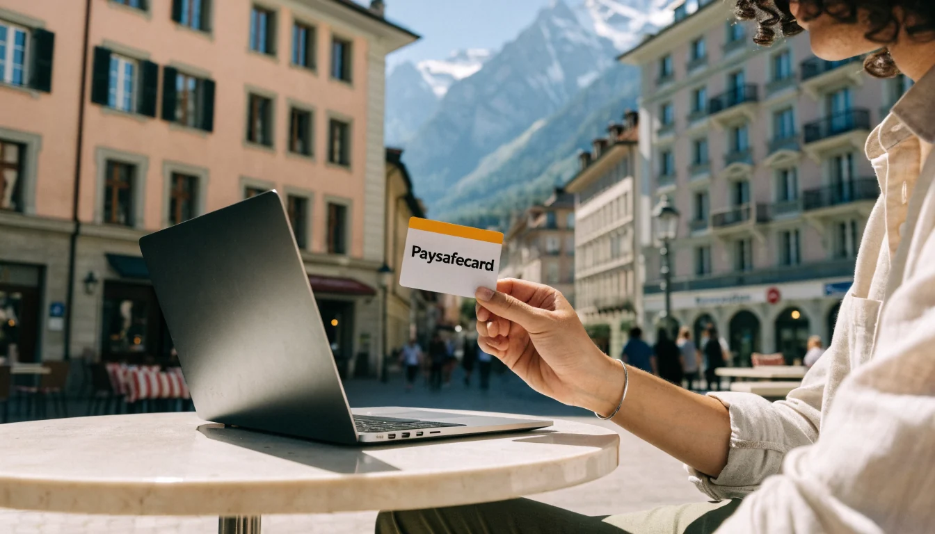 Junge hält Paysafecard neben Laptop in Schweizer Stadt.
