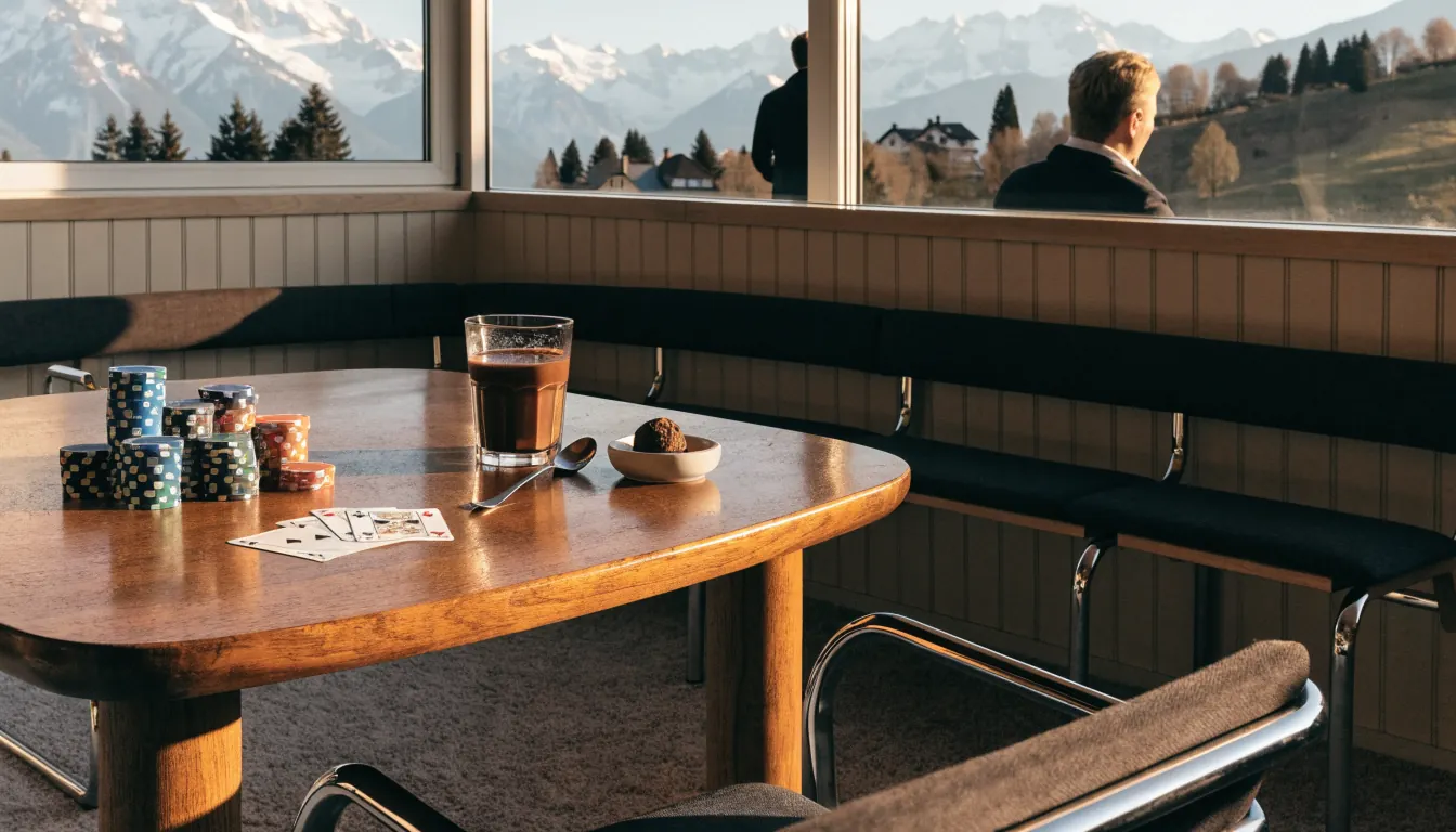 Schweizer Lounge mit Casino-Chips und Alpenblick