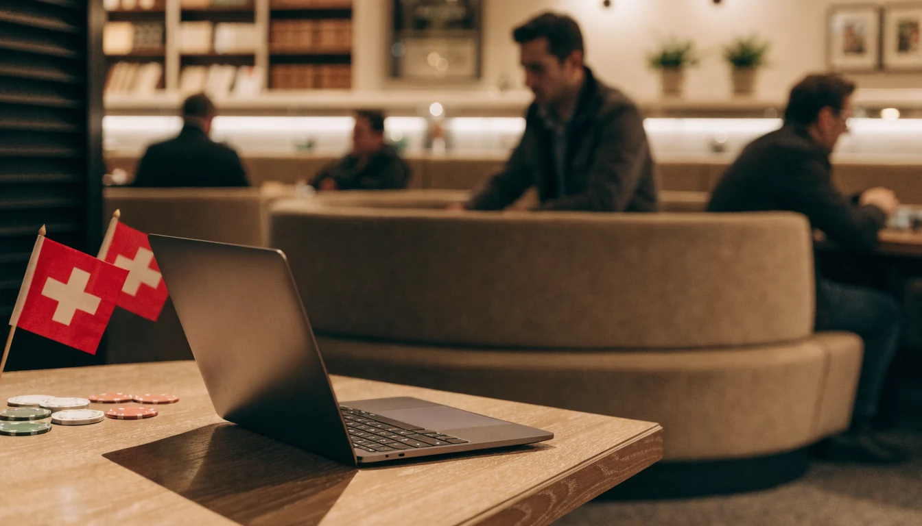Realistisches Foto einer Schweizer Casino-Lounge mit Laptop und Chips.