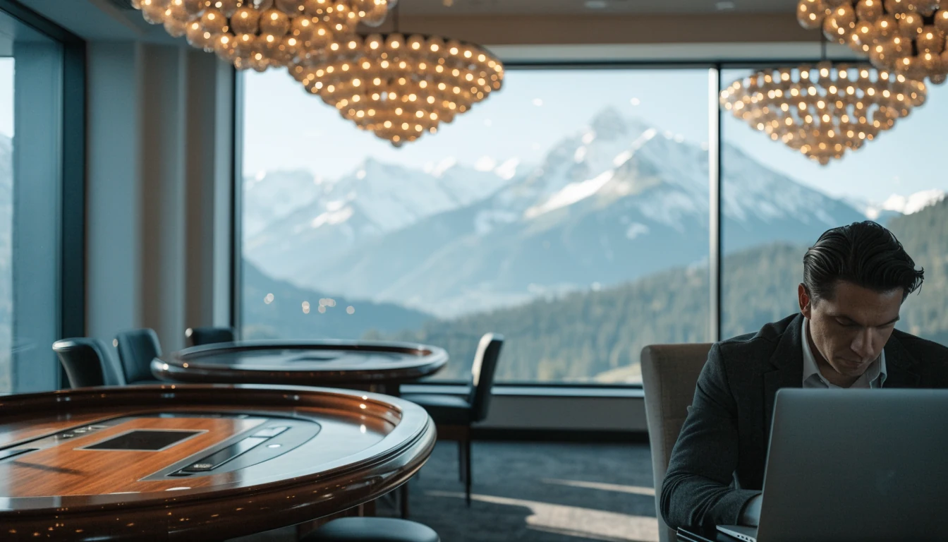 Elegantes Casino‑Lounge mit Alpenblick und Laptop