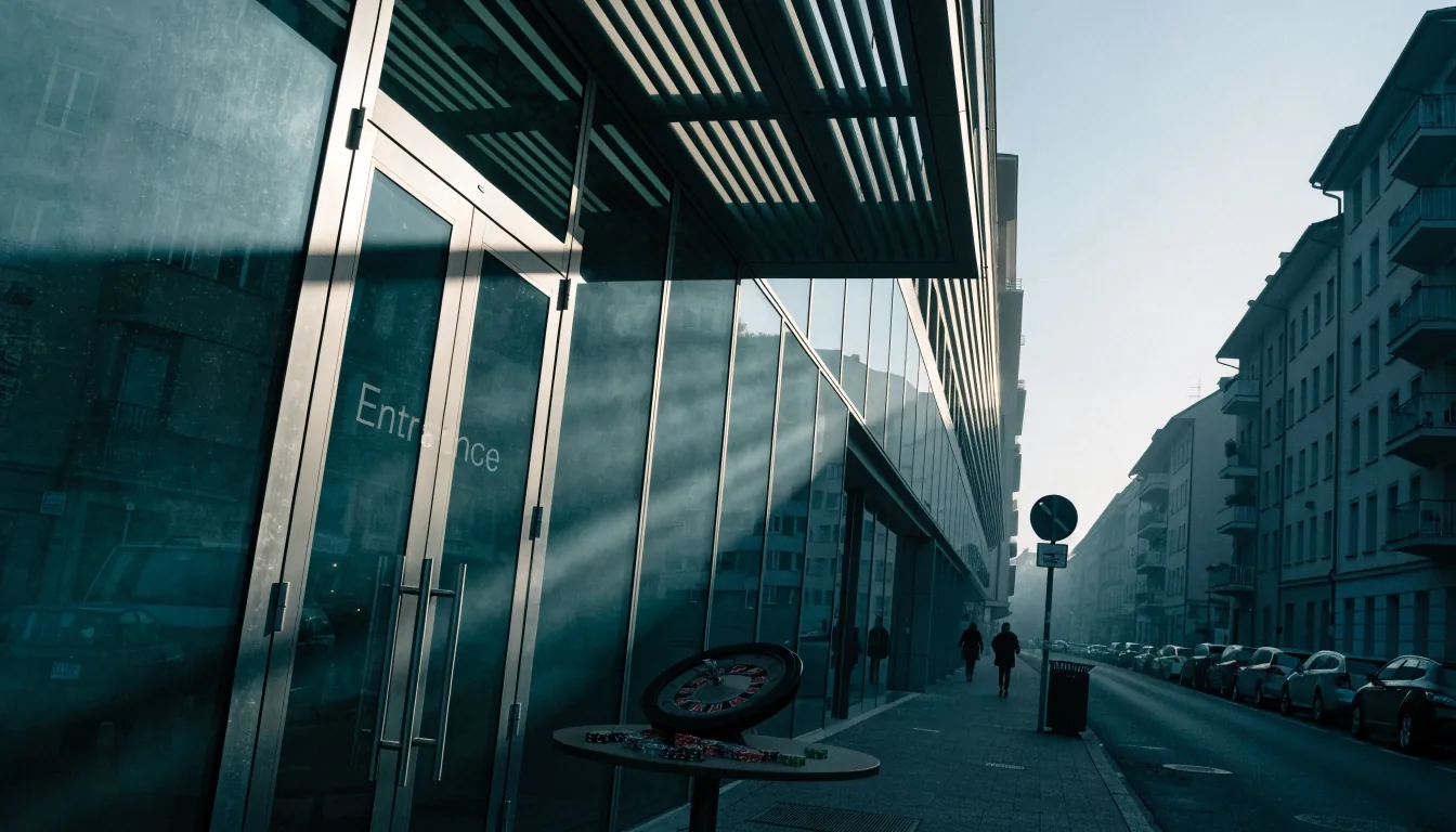 Realistisches Foto einer Schweizer Straßenszene mit Casino-Elementen