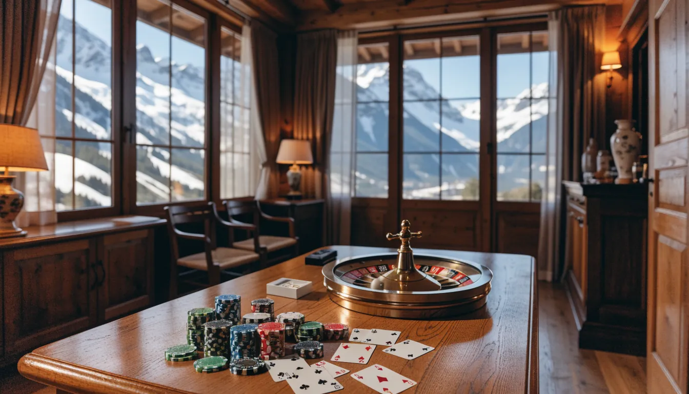 Schweizer Chalet mit Casino-Chips und Roulette, Berge im Hintergrund