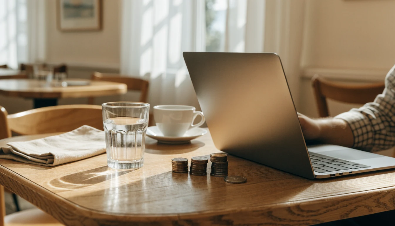 Ein gemütliches Schweizer Café mit Münzen und Laptop