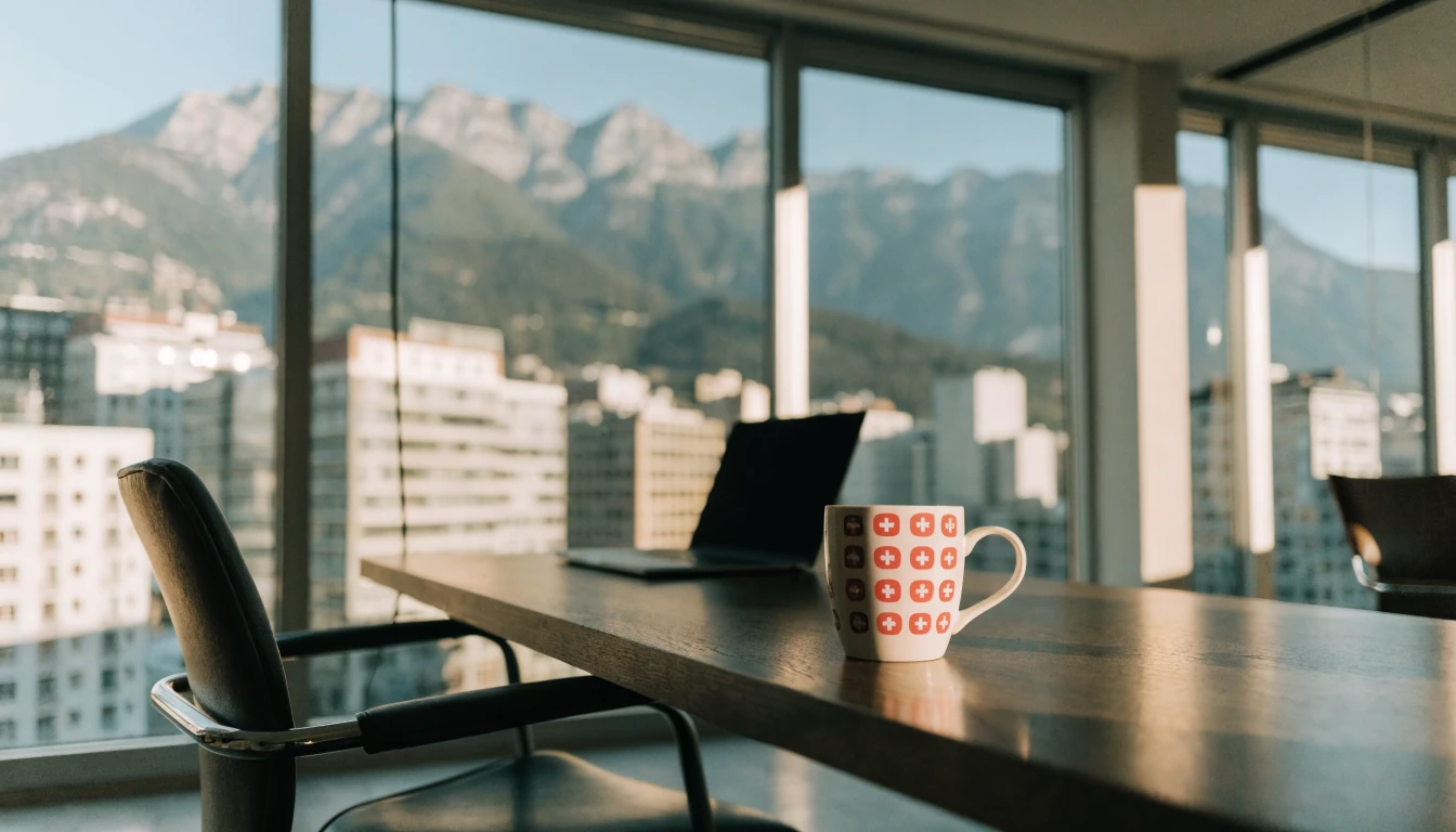 Modernes Schweizer Büro mit Fensterblick auf die Alpen, Laptop und Kaffeetasse