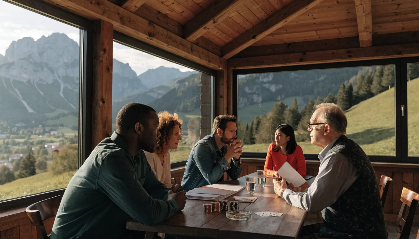Eine gemütliche Hütte mit Menschen, die verantwortungsbewusst diskutieren.